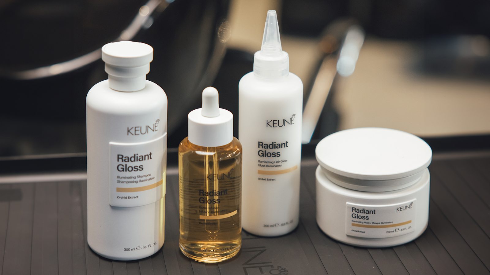 Radiant Gloss shampoo, masker, leave-in en olie van Keune bij elkaar