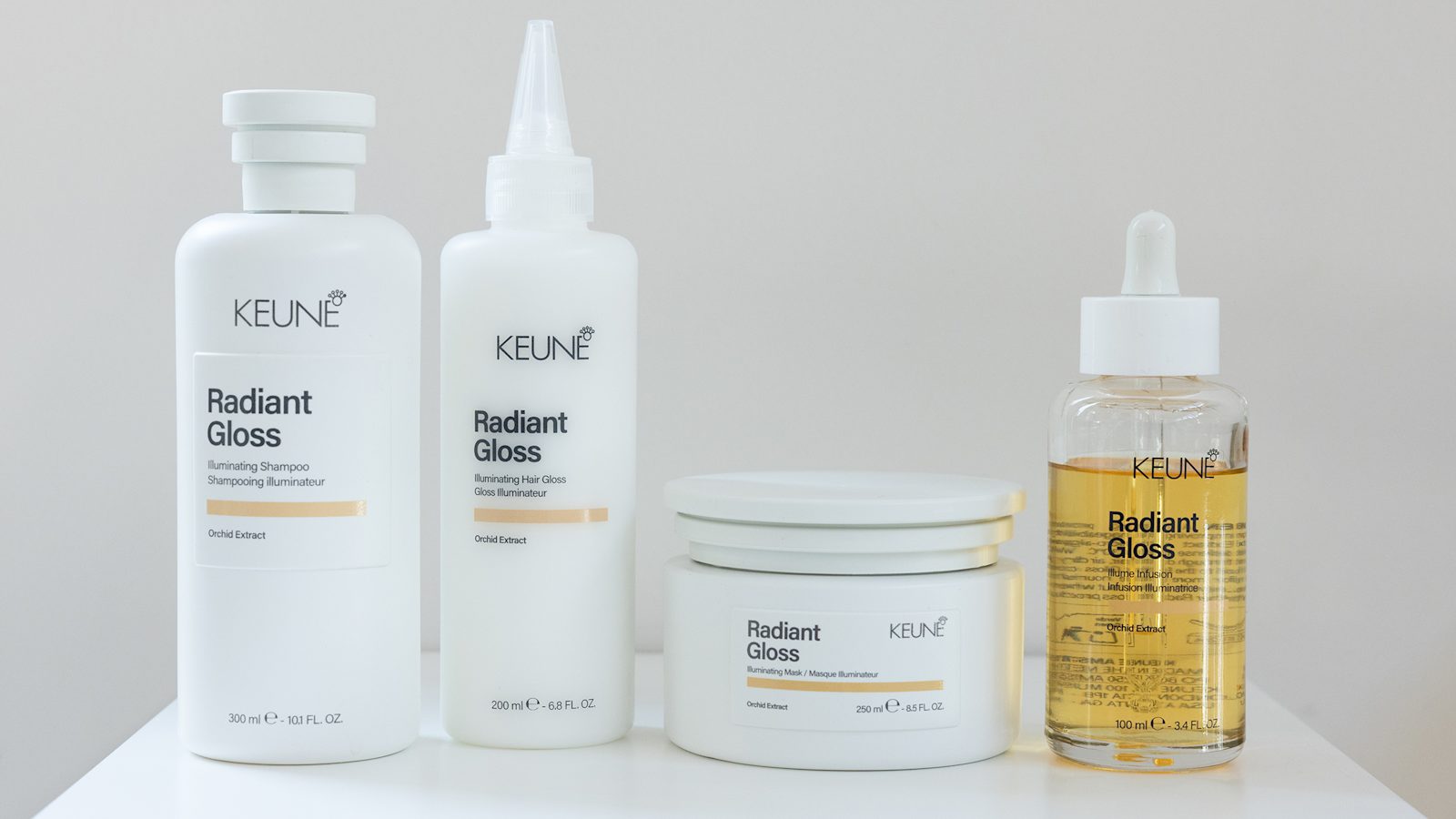 Keune Radiant Gloss-producten: shampoo, masker, leave-in en glansolie in één beeld