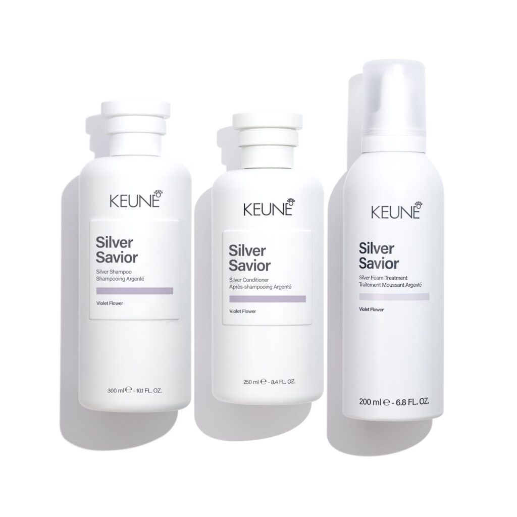 Keune Silver Savior zilvershampoo, zilverconditioner en Foam Treatment naast elkaar