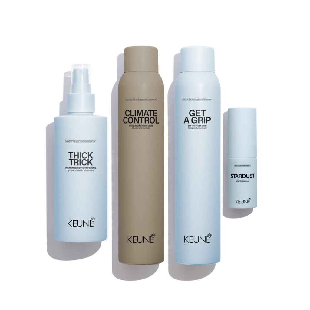 Keune Style Thick Trick, Climate Control, Get a Grip en Stardust naast elkaar