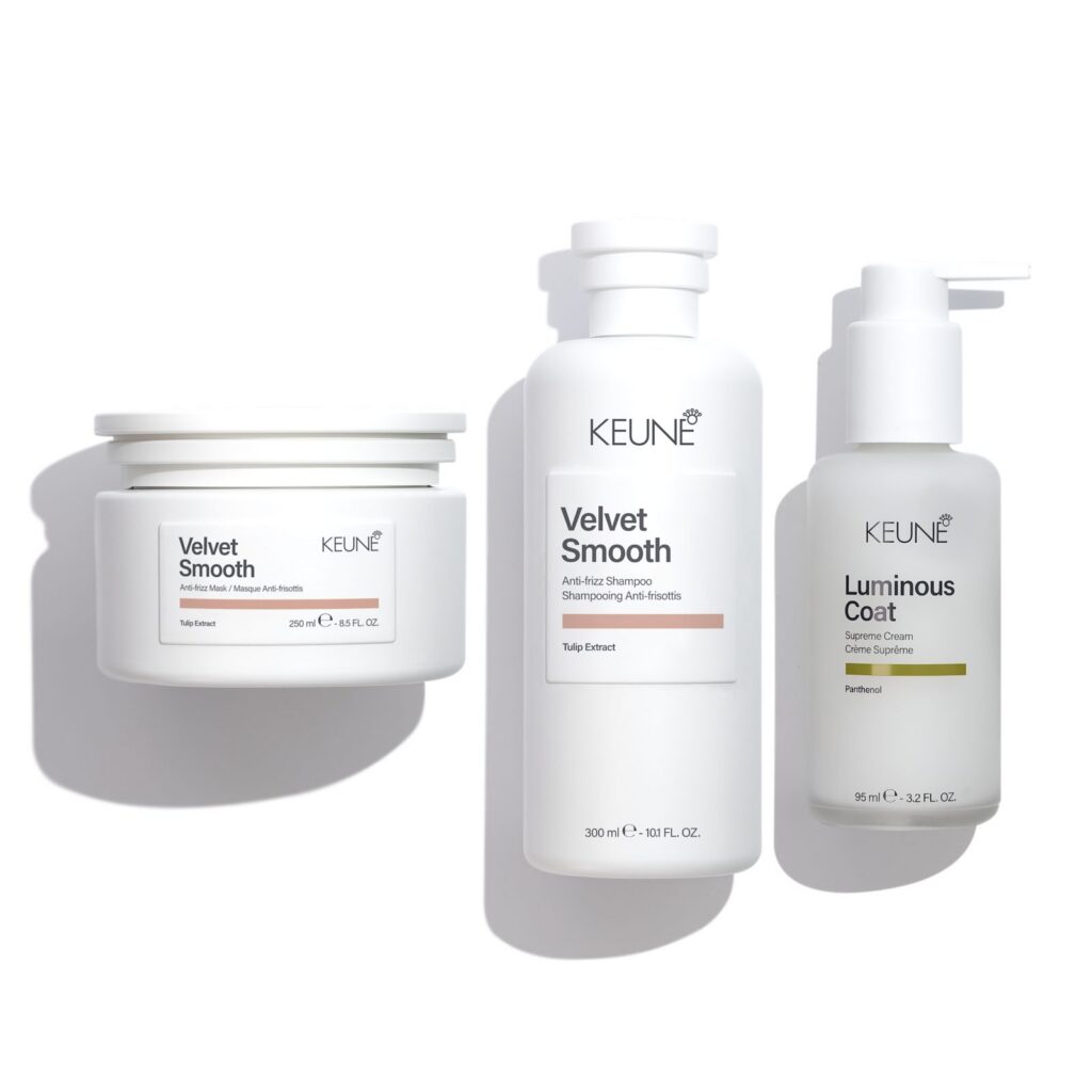 Keune Velvet Smooth masker en shampoo naast Luminous Coat Supreme Cream